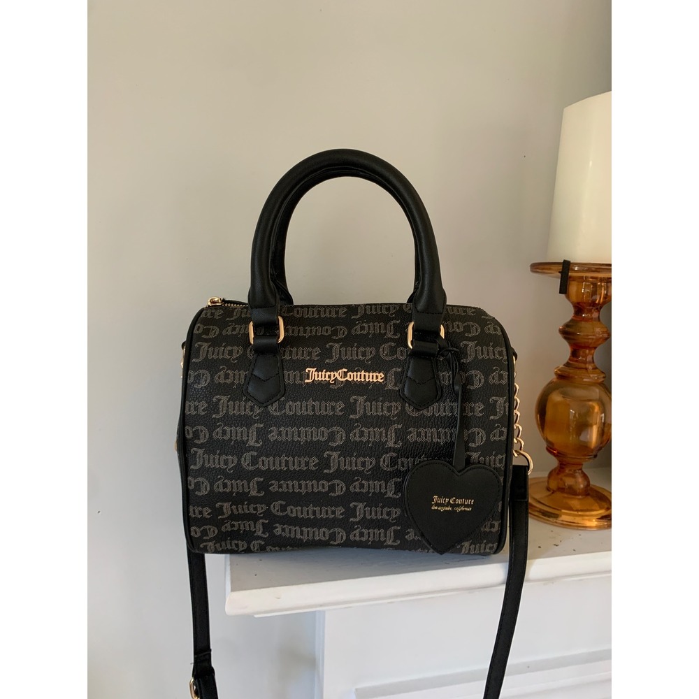 Juicy Couture Black Gothic Logo Barrel Satchel Crossbody Bag Heart Charm